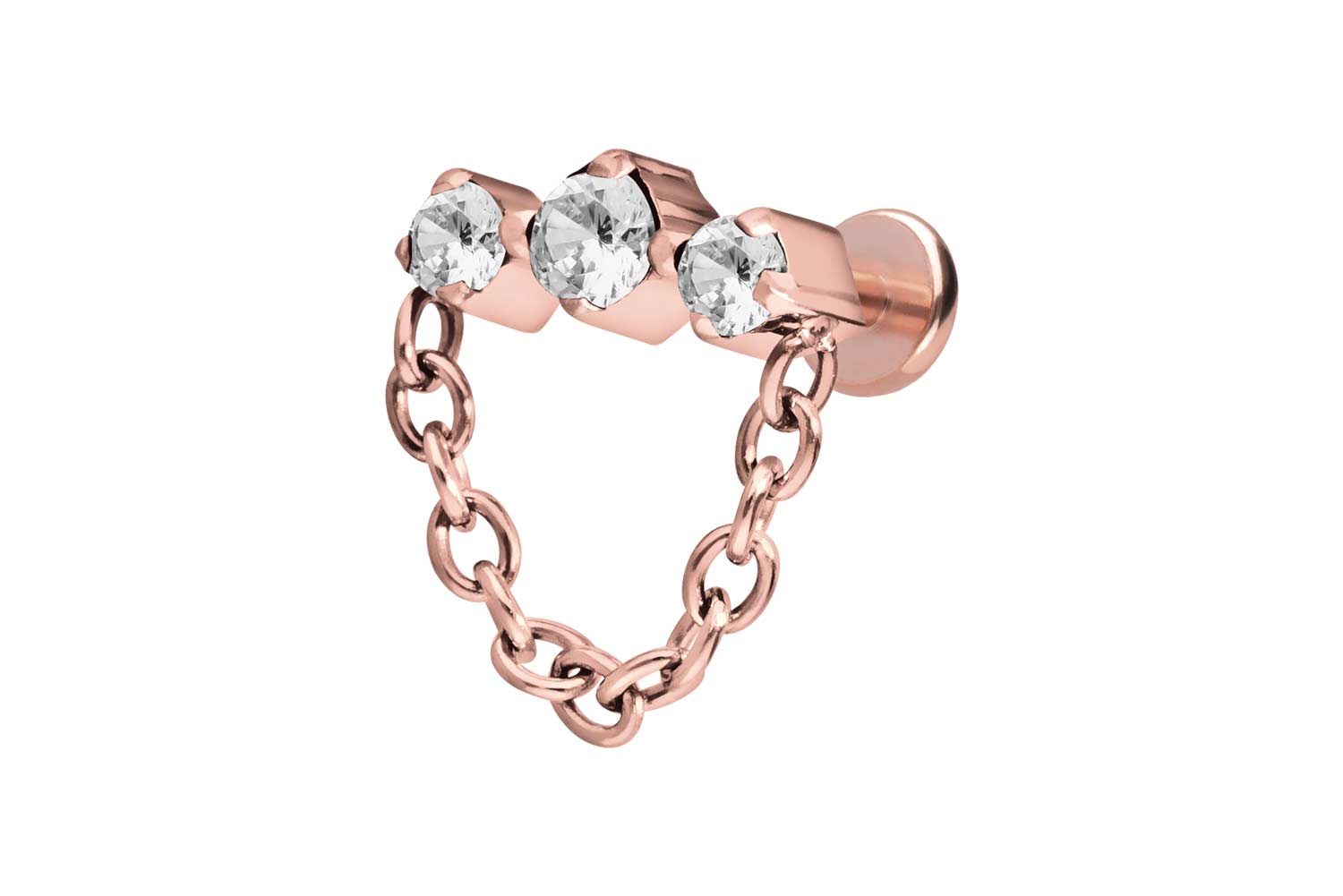 Titan Labret Piercing mit Push Fit 3 EINGEFASSTE KRISTALLE + KETTE